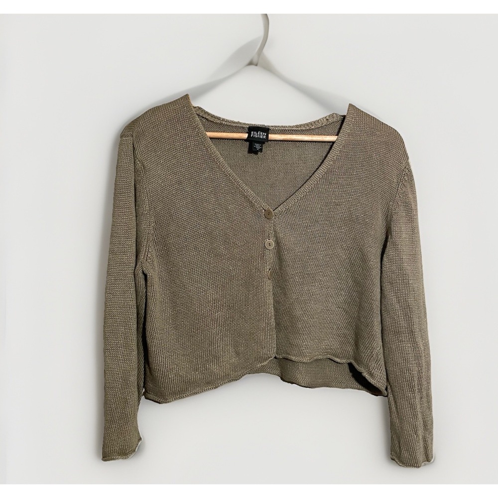 Eileen Fisher Linen Crop Cardigan Sweater Buttons Tan Coastal Beachy Medium